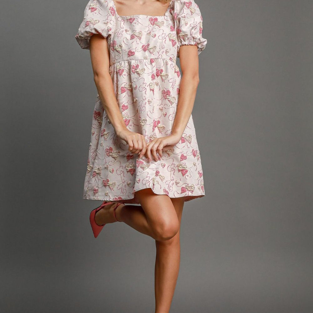 Umgee Heart Jacquard Square Neck Puff Sleeve Mini Dress - Beautiful Woman