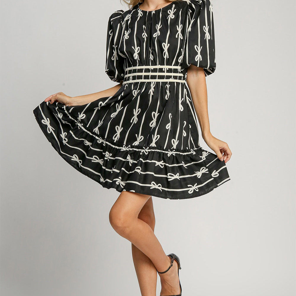 Umgee Ribbon Print Frill Contrast Velvet Trim Half Sleeve Dress - Black / S - Dresses