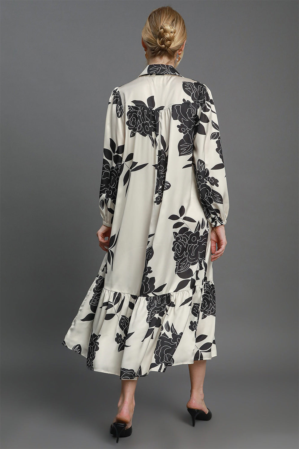 Umgee Ruffle Hem Flower Print Johnny Collar Dress - Beautiful Woman