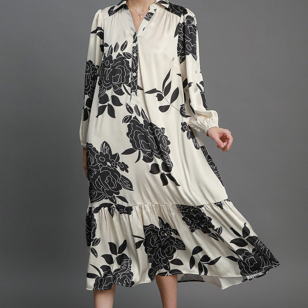 Umgee Ruffle Hem Flower Print Johnny Collar Dress - Beautiful Woman