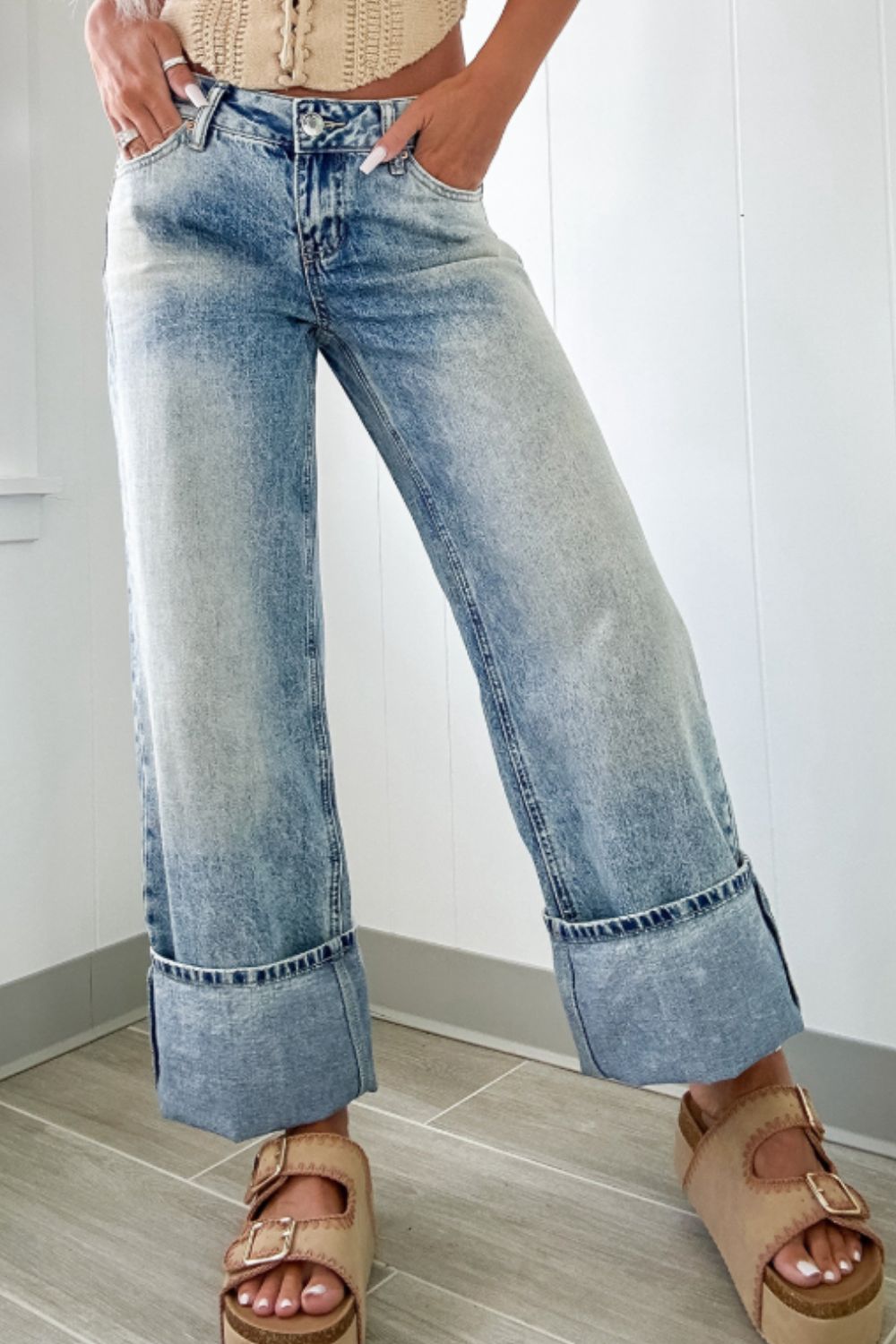 Washed Wide Leg Jeans with Pockets - Jeans & Pants